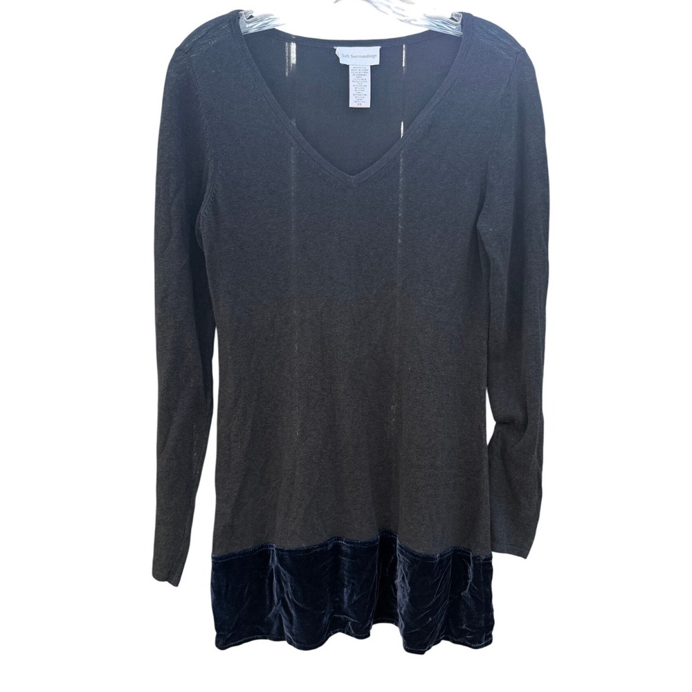 Soft Surroundings Linen Silk Velvet Trim Tunic Sweater Grey Navy V-Neck XS 27096